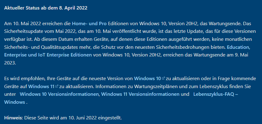 Update Ende für Windows 10 20H2
